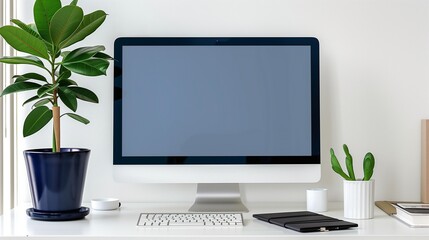 A computer monitor with a plant and keyboard on a white desk creating a minimalist workspace setup look