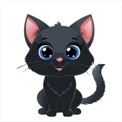 Cute black cat cartoon with big round eyes.Playful expression, minimalistic design on white background.