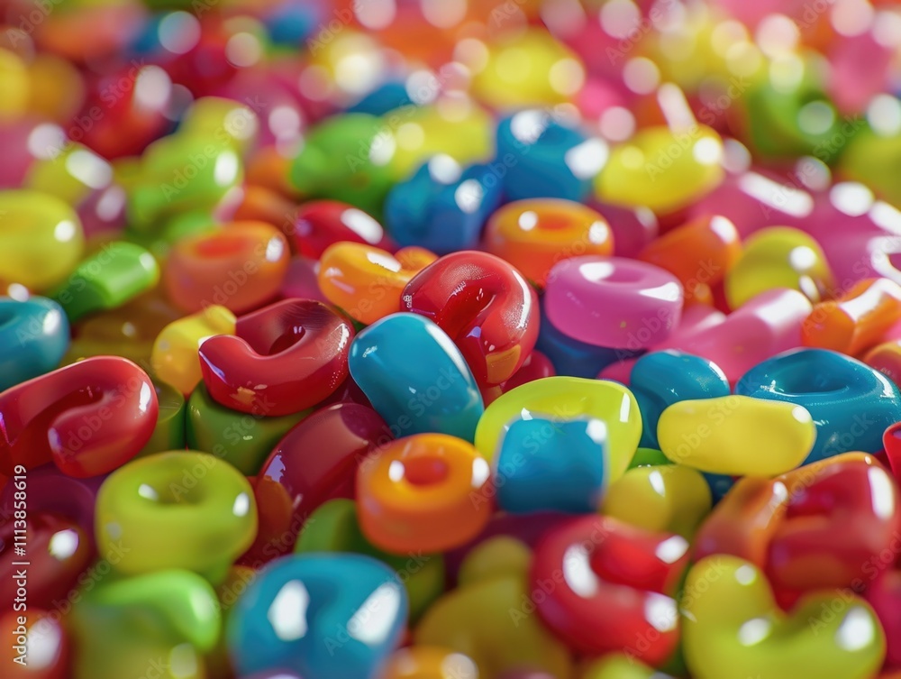 Poster pile of colorful jelly beans with letters on them. the letters are in different colors and sizes
