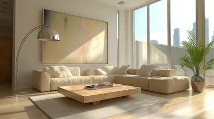 Bright and modern living room with contemporary furniture and large windows letting in natural light