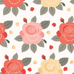 Seamless floral pattern with red, pink, and yellow roses with green leaves on a soft cream background. Floral vintage wallpaper. Tiles for wallpaper, background, card or fabric, pattern design