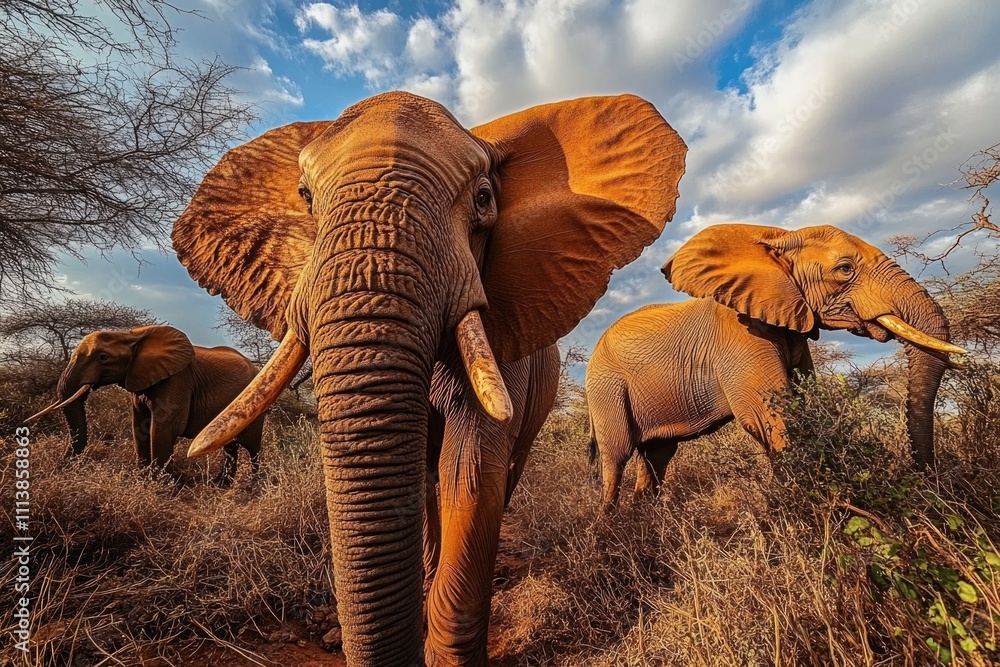 Poster three elephants are standing in a field with one of them looking at the camera. the elephants are al