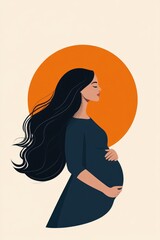 Woman is pregnant and is standing in front of a sun. The sun is orange and is behind her