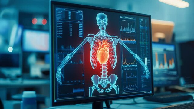 A computer monitor displays a skeleton with a heart, Futuristic healthcare examination, Complete body scan, DNA, Anatomy, Organs, Skeleton and biological analysis	