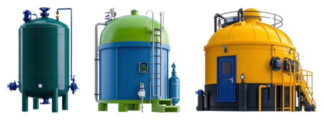 Three industrial tanks in vibrant colors, featuring blue, green, and yellow hues, designed for storage and processing.
