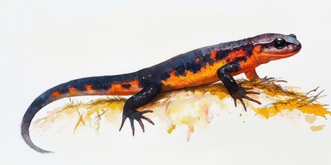 Obraz premium Lizard with orange and black stripes is laying on a rock. The lizard is small and has a long tail
