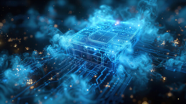 Futuristic Quantum Processor Blueprint Illuminated by Glowing Particles