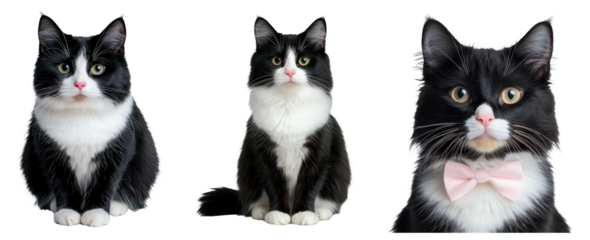 Three charming tuxedo cats with distinct expressions, showcasing their unique features and personalities.