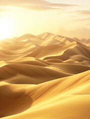 Desert landscape with a sun in the sky. The sun is shining brightly on the sand dunes, creating a warm and inviting atmosphere. The scene is peaceful and serene