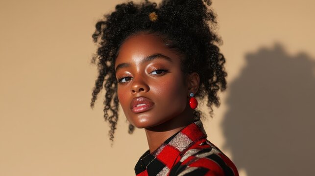 Vibrant portrait of a woman with curly hair and plaid outfit, surrounded by warm lighting, conveying charm, personality, and a sense of youthful exuberance.