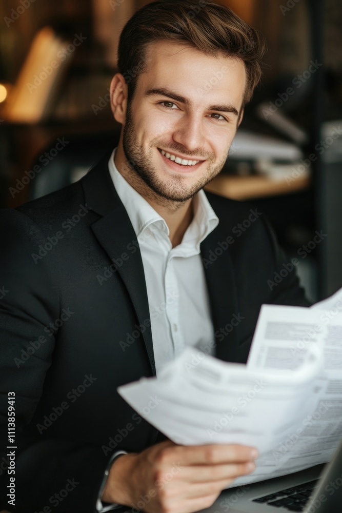 Aufkleber man in a suit is smiling and holding a stack of papers. he is in a professional setting, possibly at
