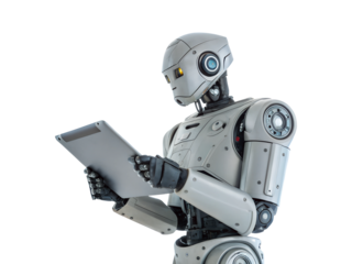 A robot assistant is holding a modern digital tablet isolated on a white background, png