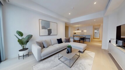 Fototapeta premium Sleek modern living room design with neutral tones and minimalistic decor in a stylish apartment setting