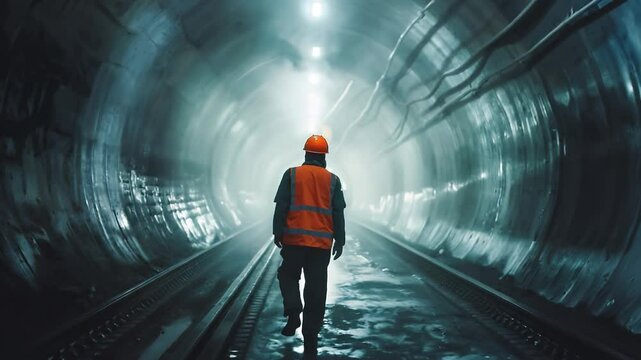 Tunnel worker during construction at tunnel railway underground construction	
