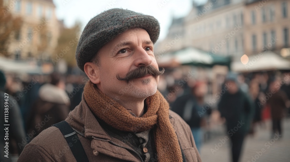 Poster man with a mustache and a hat is standing in a crowd. he is looking at the camera with a smile on hi