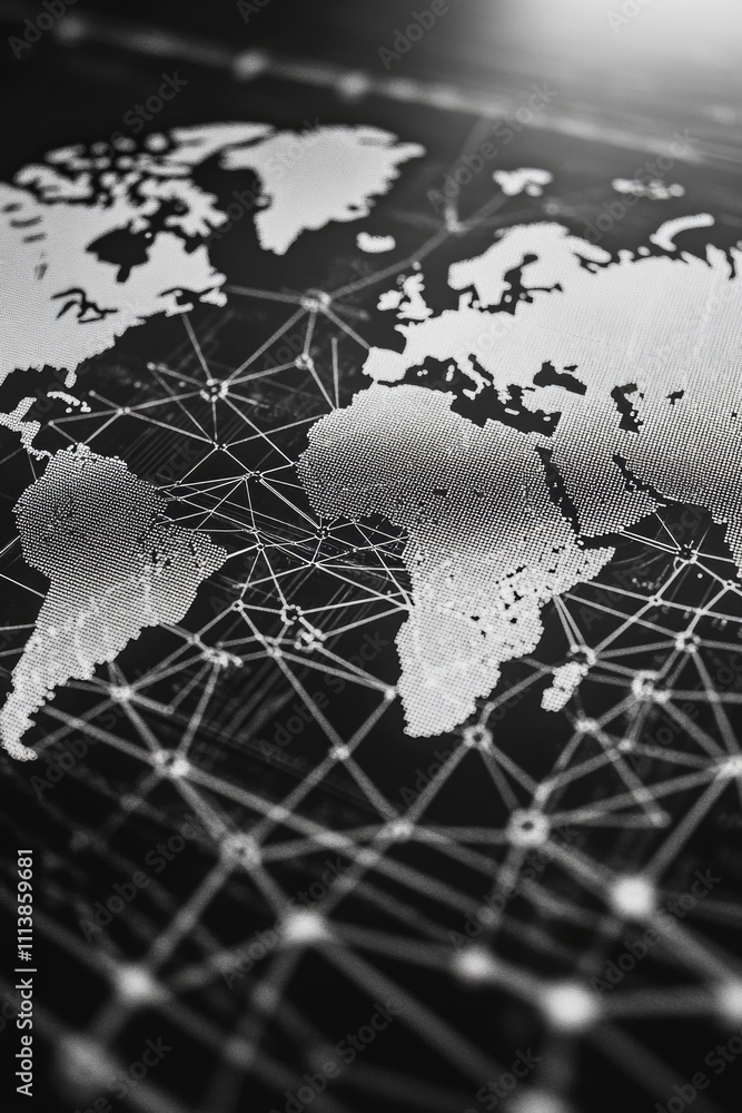 Aufkleber close up of a map of the world with a lot of lines connecting it. the map is black and white and the
