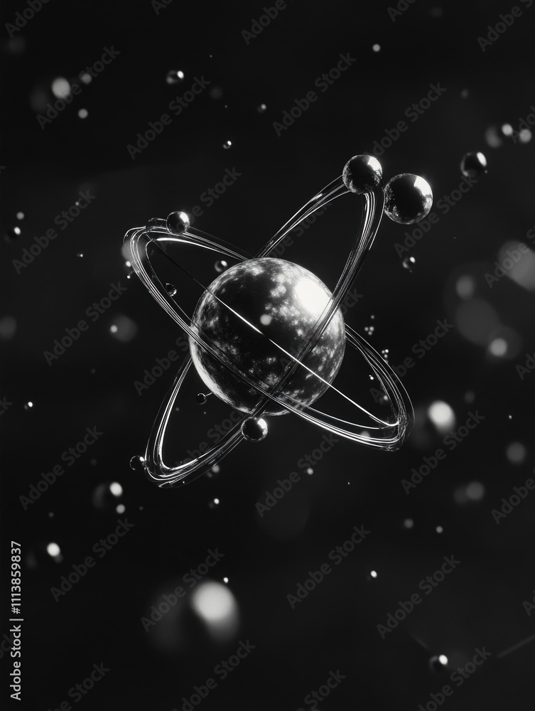 Poster black and white image of a planet with a star in the center. the planet is surrounded by many small 