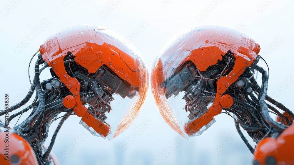 Poster two futuristic robots with orange helmets stand face to face in a digital setting, showcasing the po