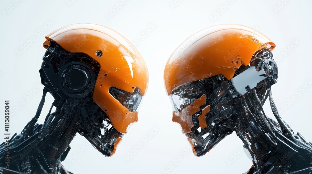 Poster two advanced robots with striking orange helmets engage in a face-to-face encounter, highlighting th