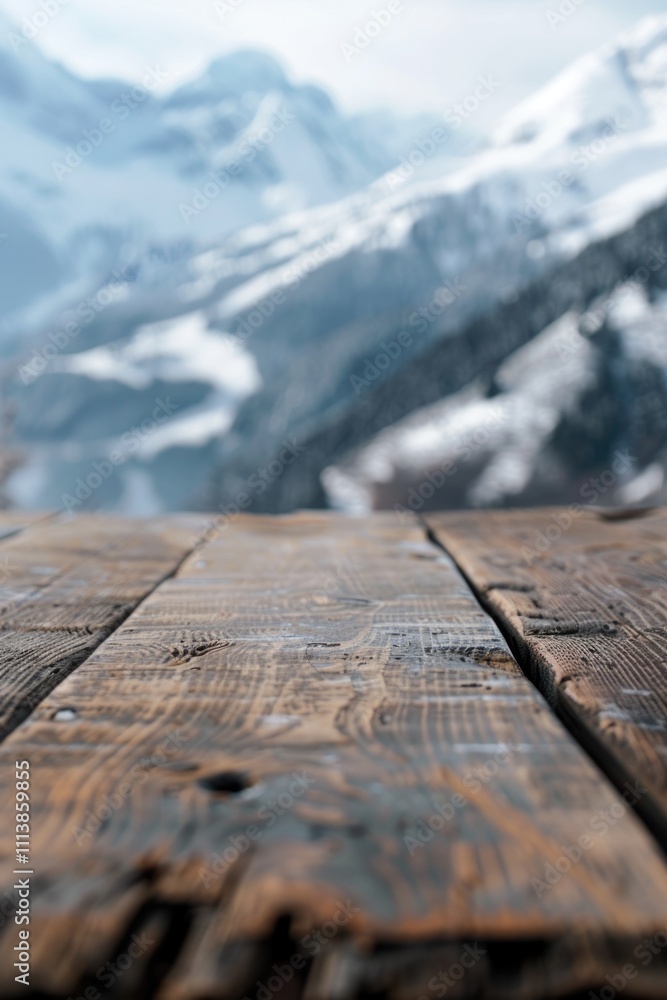 Poster wooden table with a view of mountains in the background. the table is empty and the mountains are co