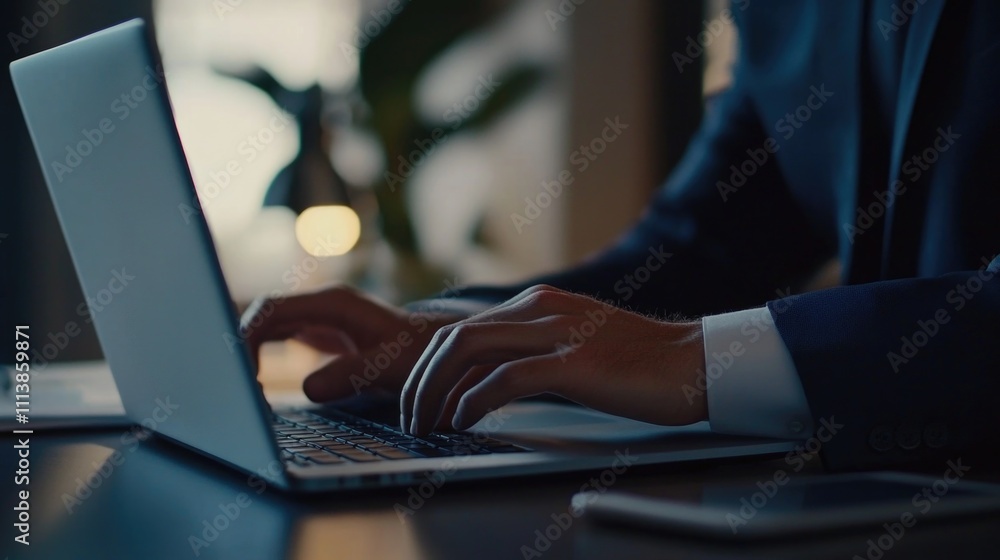 Poster man is typing on a laptop in a dark room. the laptop is open and the man's hand is on the keyboard. 