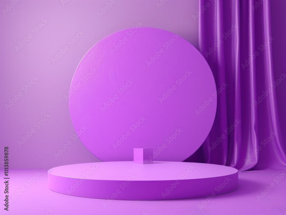 Poster purple stage with a purple curtain in the background. the curtain is draped over the stage, creating
