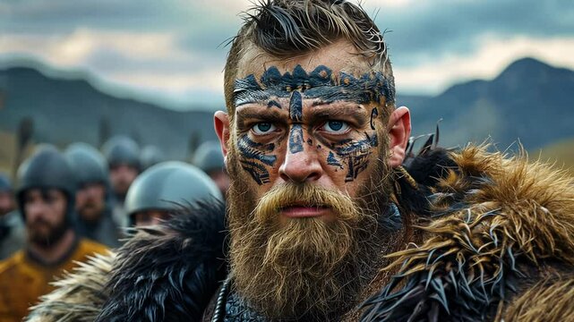 Gallowglass warrior, Norse-Gaelic clans of Ireland and Scotland, muscular and with battle scars, walking in the battlefield	
