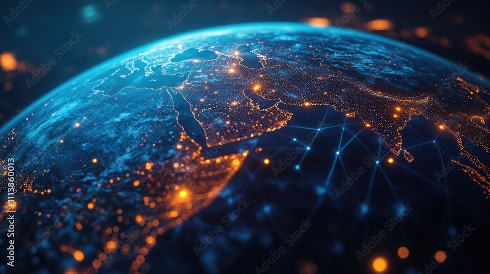 Poster blue and orange planet with a network of lights on it. the lights are scattered all over the planet,