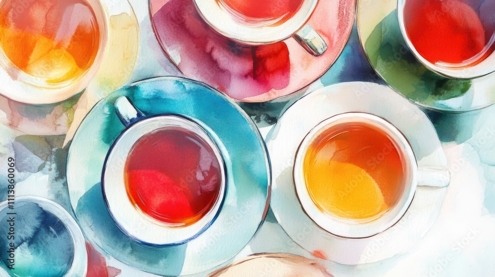 Aufkleber colorful assortment of teacups with different colored handles and saucers. the cups are arranged in 