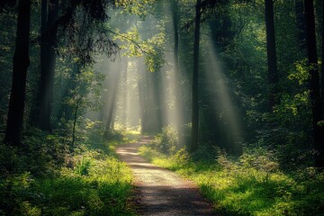 Obraz premium Sun rays piercing through serene forest, illuminating path