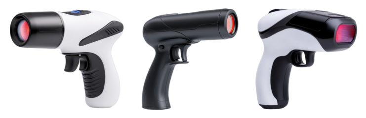 The image features three distinct handheld devices, each designed for measuring temperature, showcasing varying designs and colors.