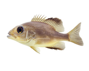 detailed image of brown fish with prominent fins and scales, isolated on white background, showcasing its natural texture and features