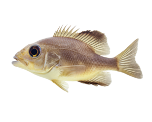 detailed image of brown fish with prominent fins and scales, isolated on white background, showcasing its natural texture and features