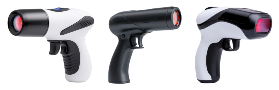 The image features three distinct handheld devices, each designed for measuring temperature, showcasing varying designs and colors.