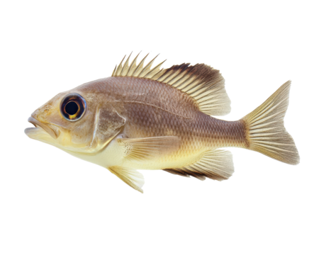 detailed image of brown fish with prominent fins and scales, isolated on white background, showcasing its natural texture and features