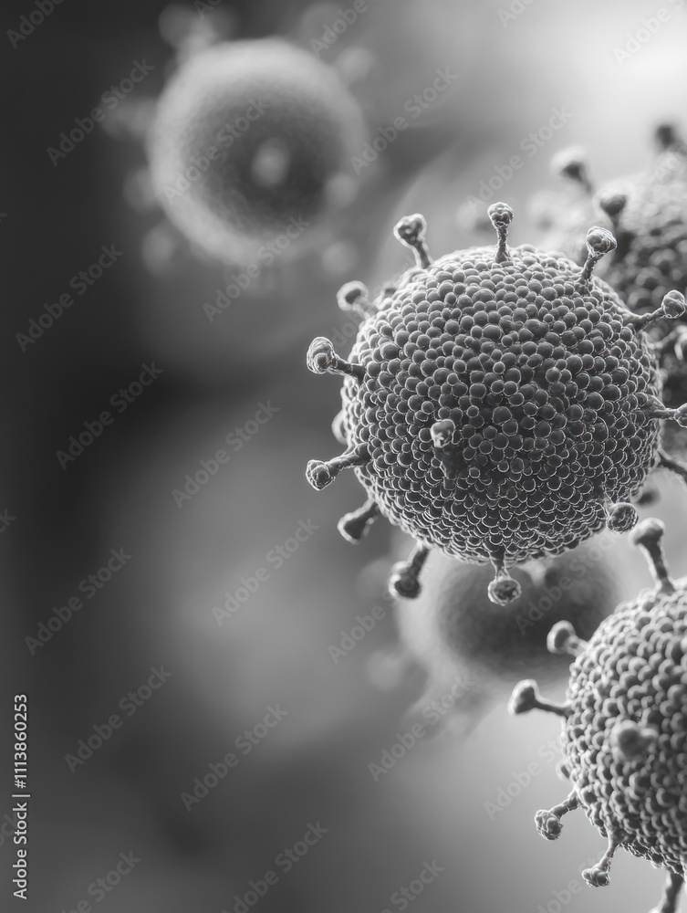 Poster close up of a virus with a fuzzy appearance. the virus is surrounded by a blurry background