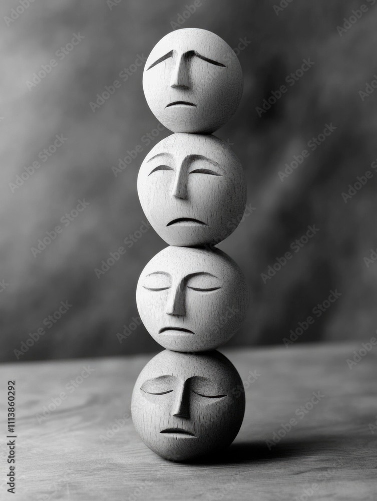 Poster four faces stacked on top of each other, with one of them looking sad. the arrangement of the faces 