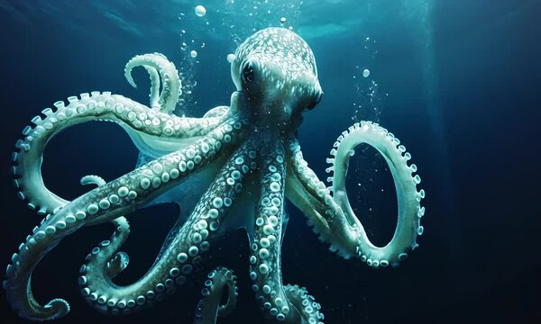 An octopus swimming gracefully in deep blue water, showcasing its unique tentacles and texture.