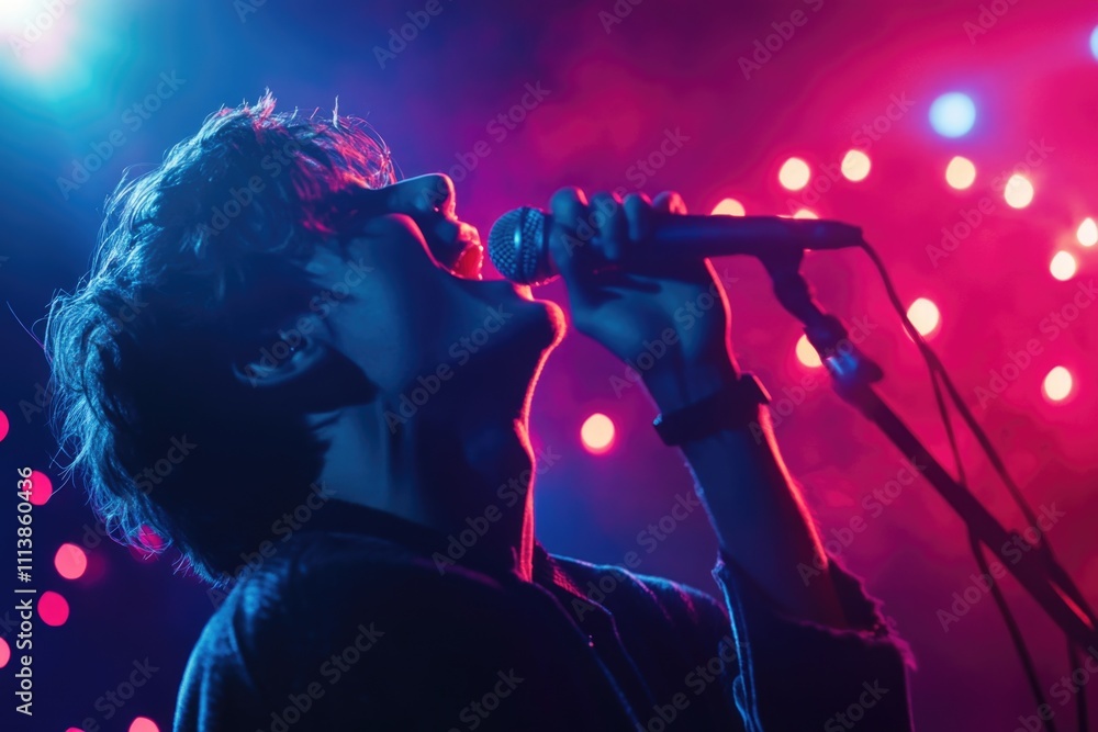 Poster man singing into a microphone on stage. the lights are bright and colorful, creating a lively atmosp