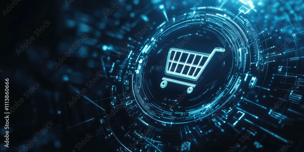 Poster blue circle with a shopping cart in the center. the circle is filled with a lot of lines and dots, g
