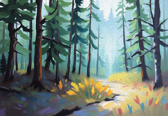 Oil painting . Landscape in the forest. Illustration for printing on wall decorations.