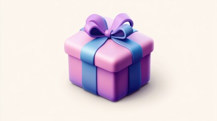 Pink and blue box with a bow on top. It is a gift box. The box is on a white background