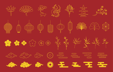 Asian design elements. Chinese new year. Chinese spring festival. Lunar new year. Chinese clouds, lanterns, flowers, dragon, bamboo. Continuous line art. Vector.