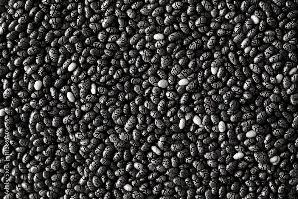 Poster close up of black and white beans. the beans are small and black, with some white spots. the image h