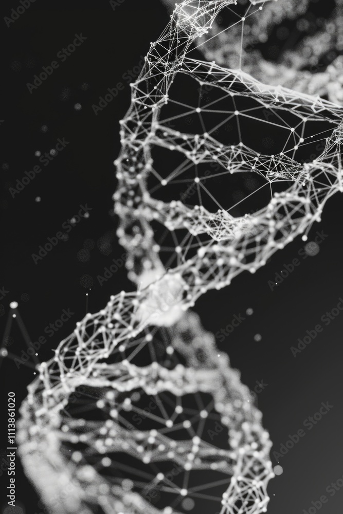 Poster dna strand is shown in a black and white photo with a lot of lines. concept of complexity and intric
