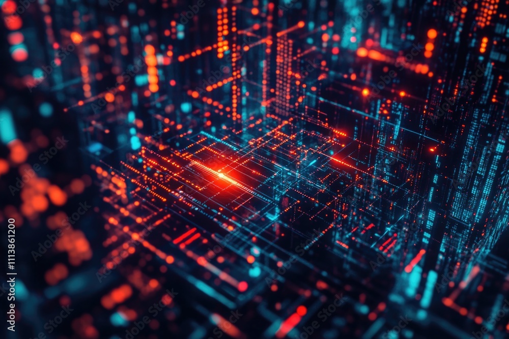 Poster computer generated image of a cityscape with a red light in the middle. the image is full of bright 