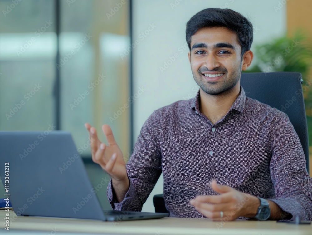 Aufkleber man is sitting at a desk with a laptop in front of him. he is smiling and he is happy