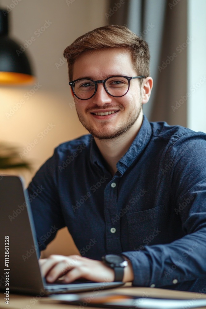 Poster man wearing glasses is sitting at a desk with a laptop in front of him. he is smiling and he is happ