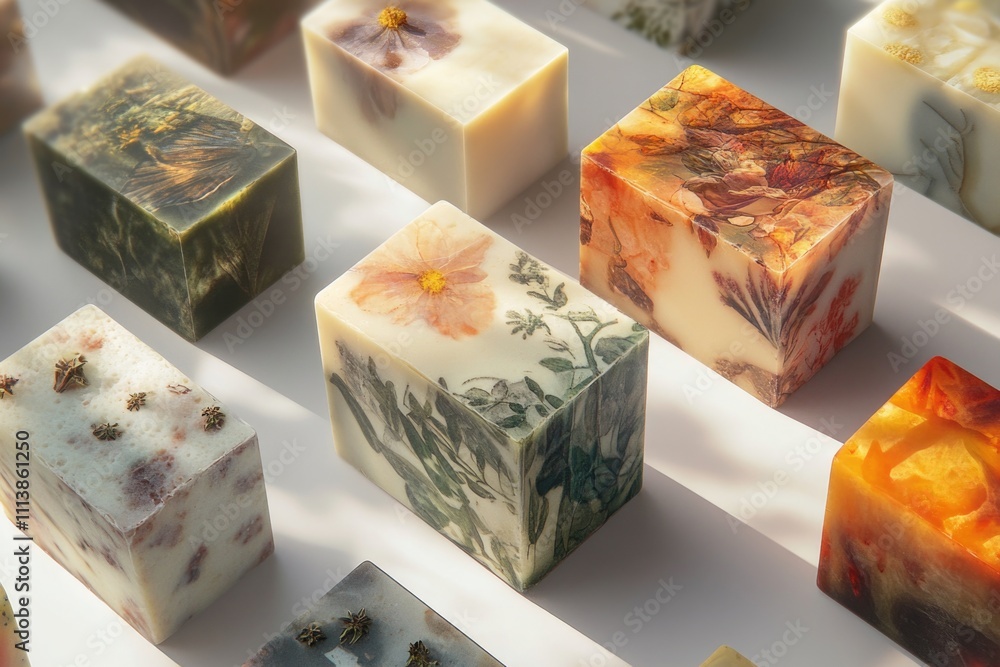 Poster row of colorful soap bars with floral designs. the soap bars are arranged in a grid pattern on a whi