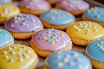 Tray of colorful cookies with different colored icing and sprinkles. The cookies are arranged in a row and are all different colors